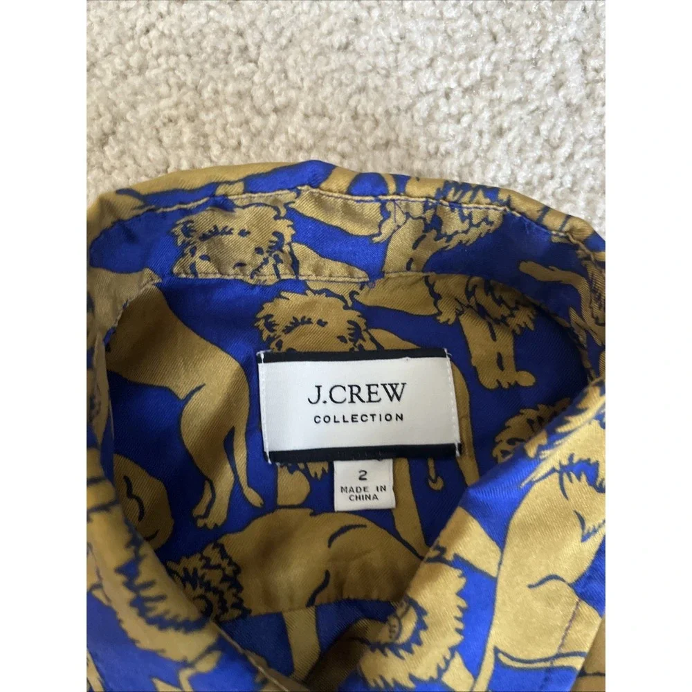 J Crew Collection 100% Silk Sleepy Lions Button Blouse Blue Gold 2